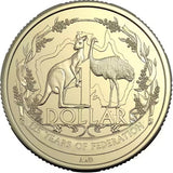 Gold coin with kangaroo and emu design, featuring text '1 Dollar' and '125 Years of Federation'.