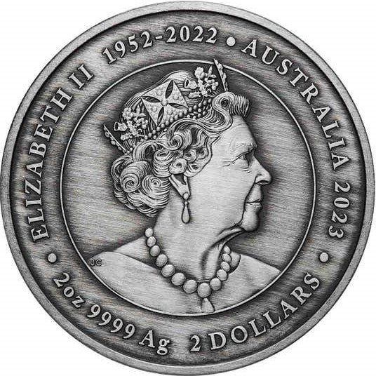 Australia 2023 $2 Kangaroo Yongka 2oz .9999 Silver Antiqued Coloured Coin Perth Mint Obverse