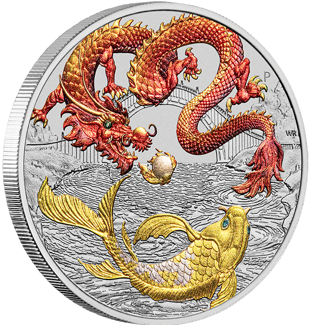 Australia 2023 $1 Myths and Legends Series Red Dragon and Koi 1oz 99.99% Silver Coloured Coin in Card Perth Mint