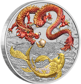 Australia 2023 $1 Myths and Legends Series Red Dragon and Koi 1oz 99.99% Silver Coloured Coin in Card Perth Mint