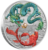 Australia 2023 $1 Myths and Legends Series Green Dragon and Koi 1oz 99.99% Silver Coloured Coin in Card Perth Mint