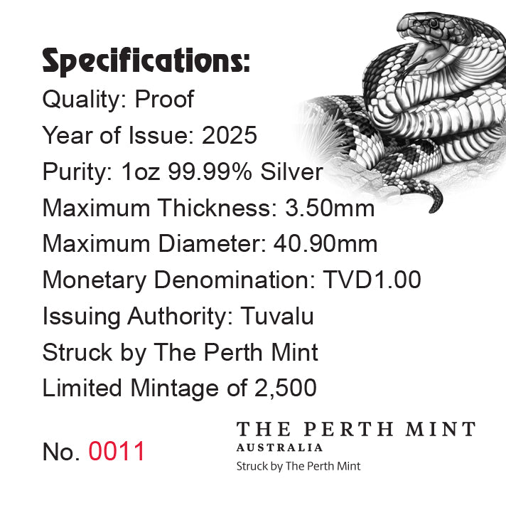 Tuvalu 2025 $1 Deadly & Dangerous TIGER SNAKE 1oz .9999 Silver Proof Coin PERTH MINT