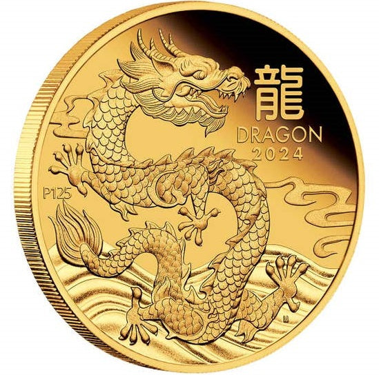 Australia 2024 $100 Year Of The Dragon 1oz Gold Proof Coin Perth Mint Reverse