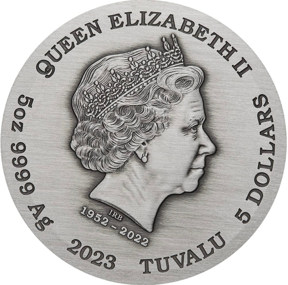 Tuvalu 2023 $5 Dragon 5oz Silver Antiqued Coloured Coin Perth Mint Obverse