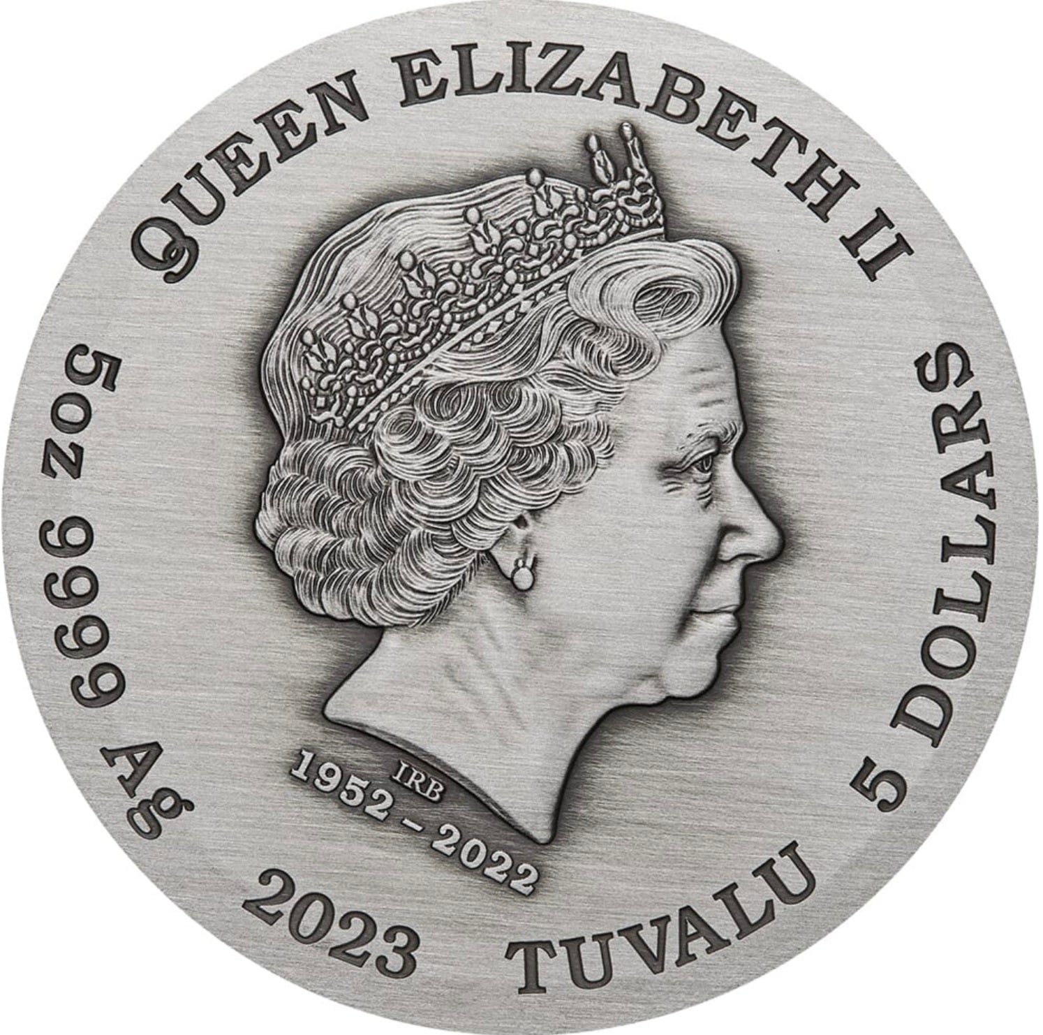 Tuvalu 2023 $5 Dragon 5oz Silver Antiqued Coloured Coin Perth Mint Obverse