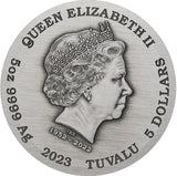 Tuvalu 2023 $5 Dragon 5oz Silver Antiqued Coloured Coin Perth Mint Obverse