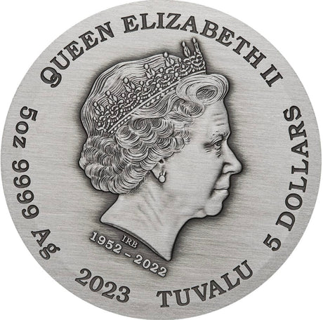 Tuvalu 2023 $5 Dragon 5oz Silver Antiqued Coloured Coin Perth Mint Obverse
