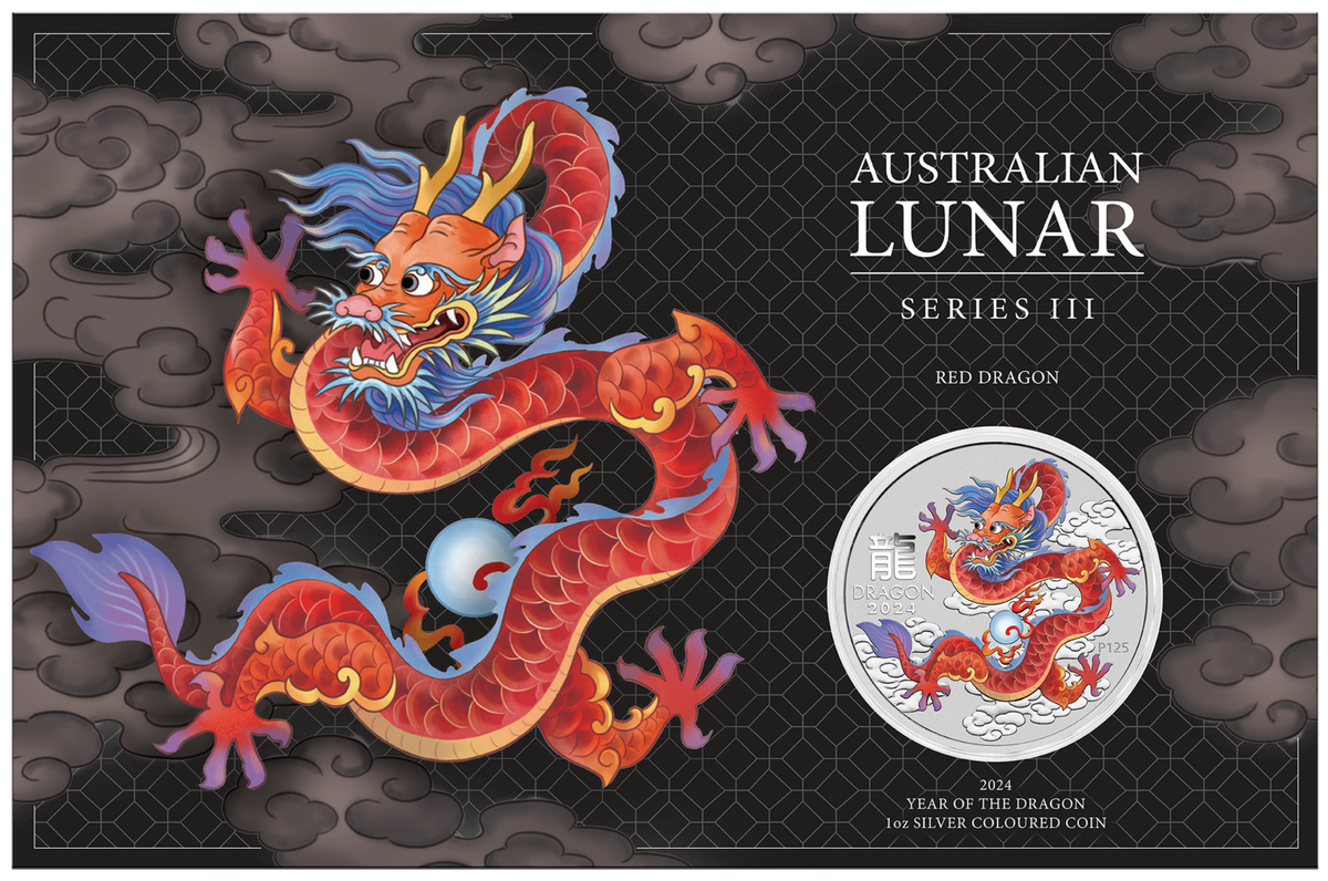 Australia 2024 $1 Year of the Red Dragon 1oz .9999 Silver Coloured Coin in Card Perth Mint