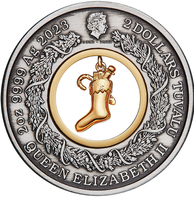 Australia 2023 $2 Night Before Christmas Stocking 2oz 99.99% Silver Antiqued Coloured Coin Obverse