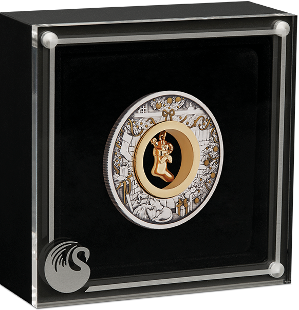 Australia 2023 $2 Night Before Christmas Stocking 2oz 99.99% Silver Antiqued Coloured Coin Window Display Case