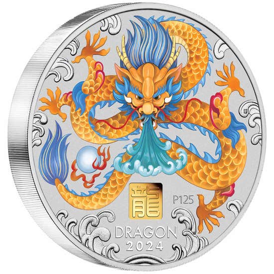 2024 Year Of The Dragon 1 Kilo Silver Coloured Coin With Gold Privy Mark Reverse