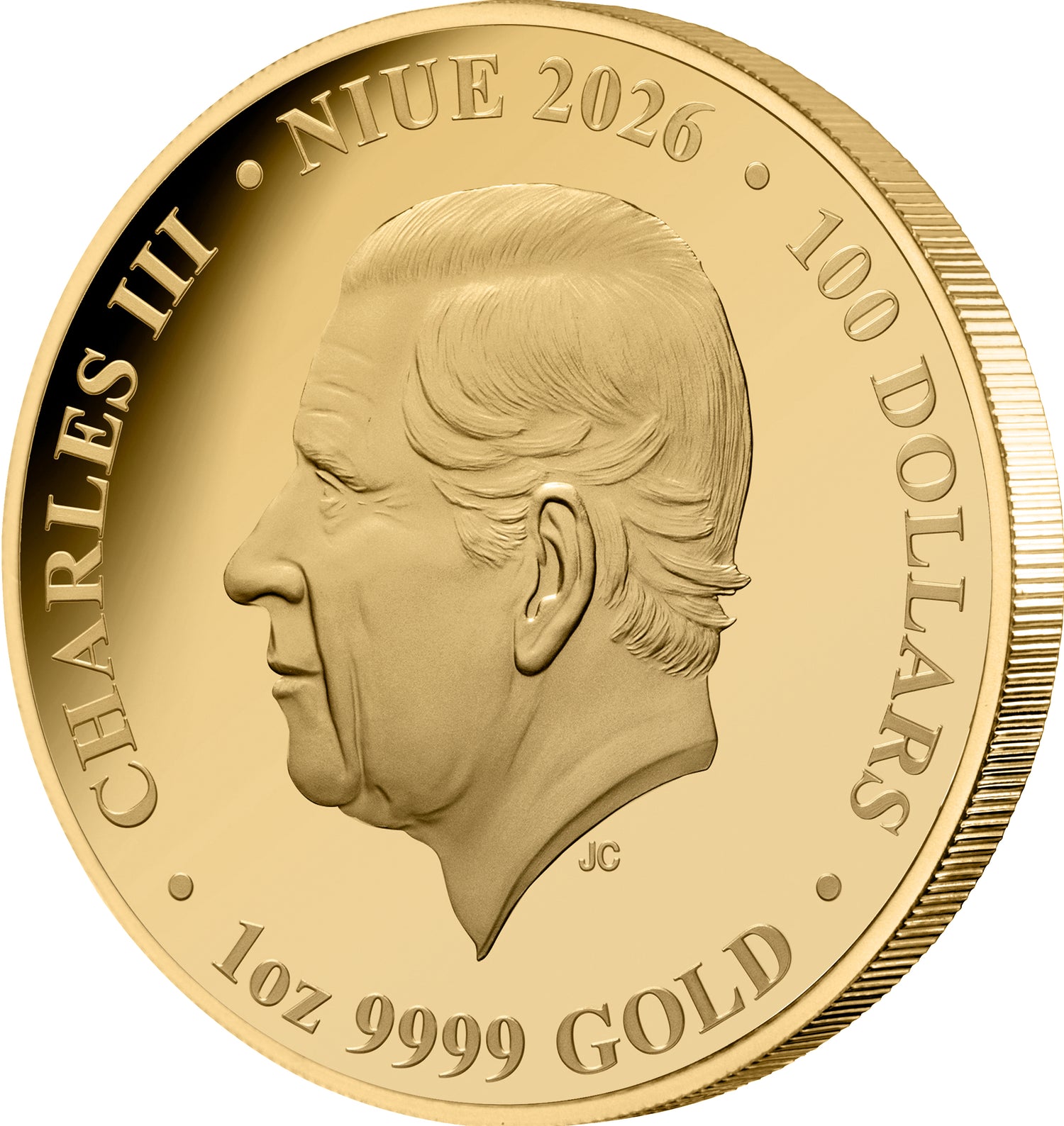 Gold coin with a portrait and text indicating 'Charles III', 'NIUE 2026', '100 Dollars', '1oz 9999 Gold'.