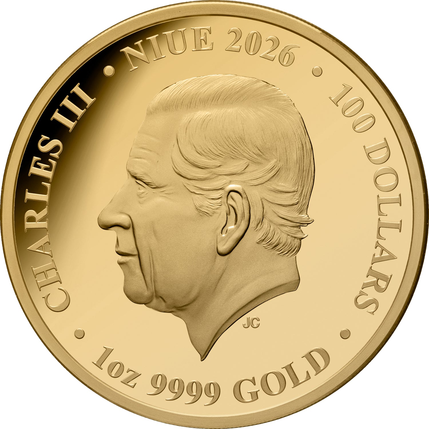 Gold coin with a portrait of Charles III, dated 2026, from Niue.
