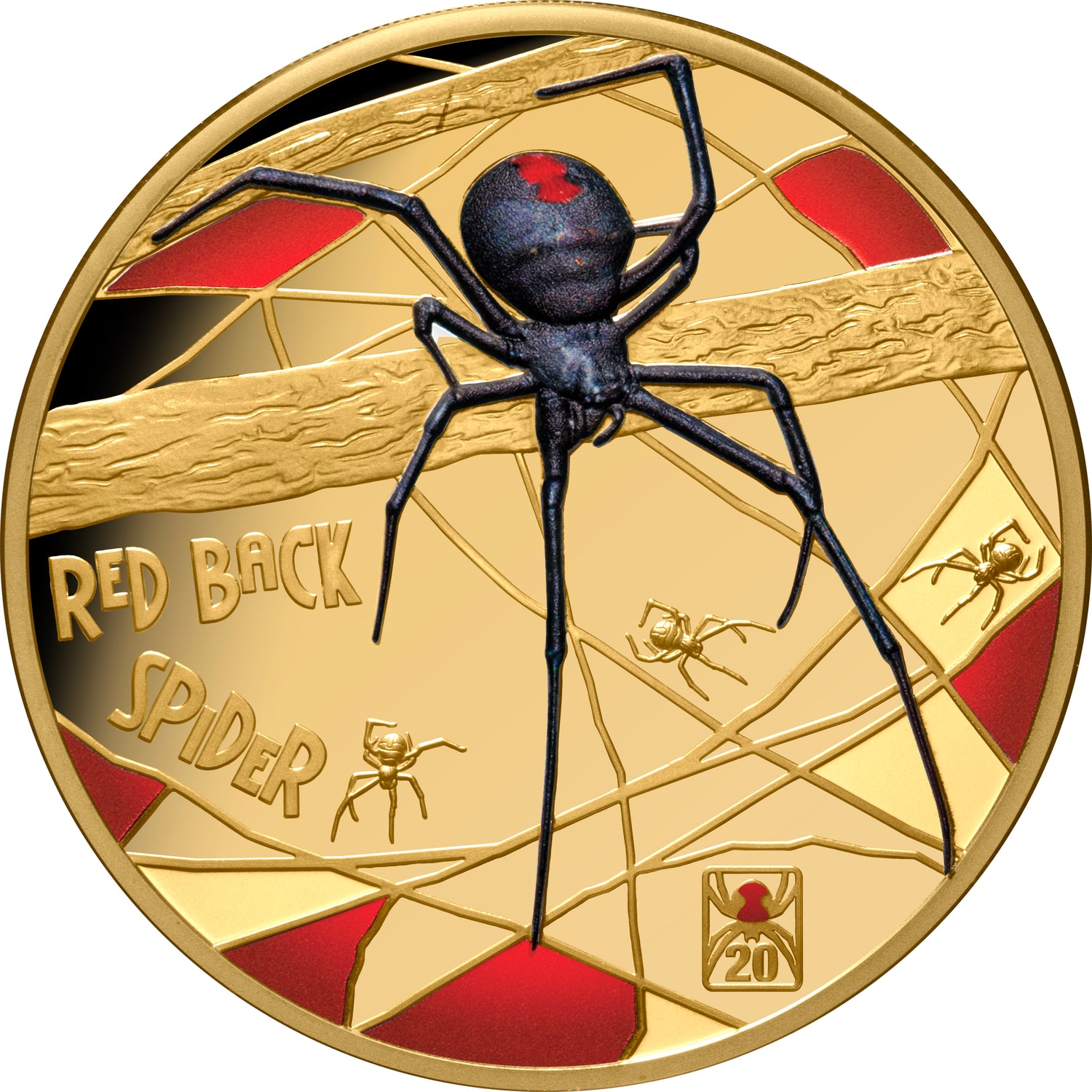 Gold coin with a redback spider design on a white background