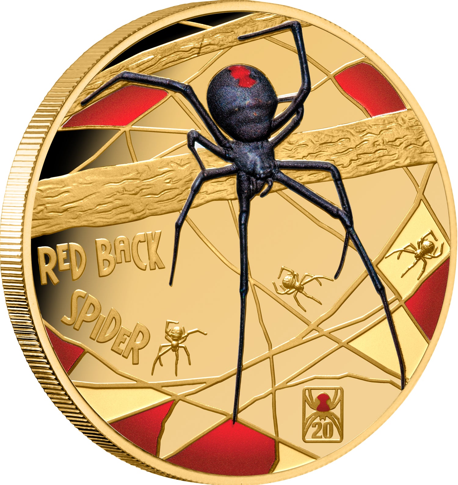 Gold coin with a redback spider design on a white background