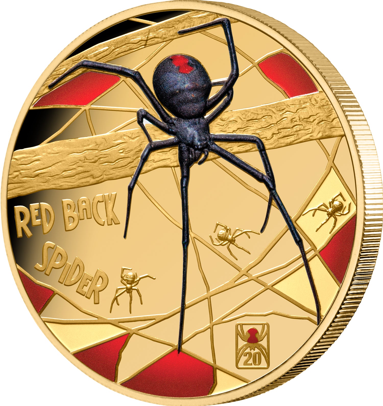 Gold coin with a redback spider design on a white background