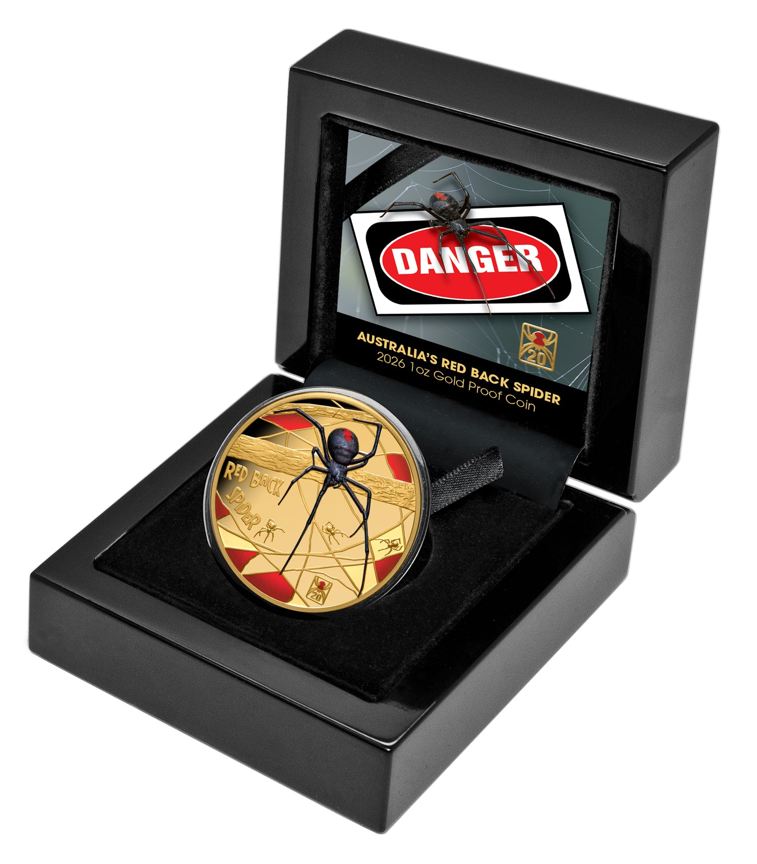 Gold coin with spider design in a black display case