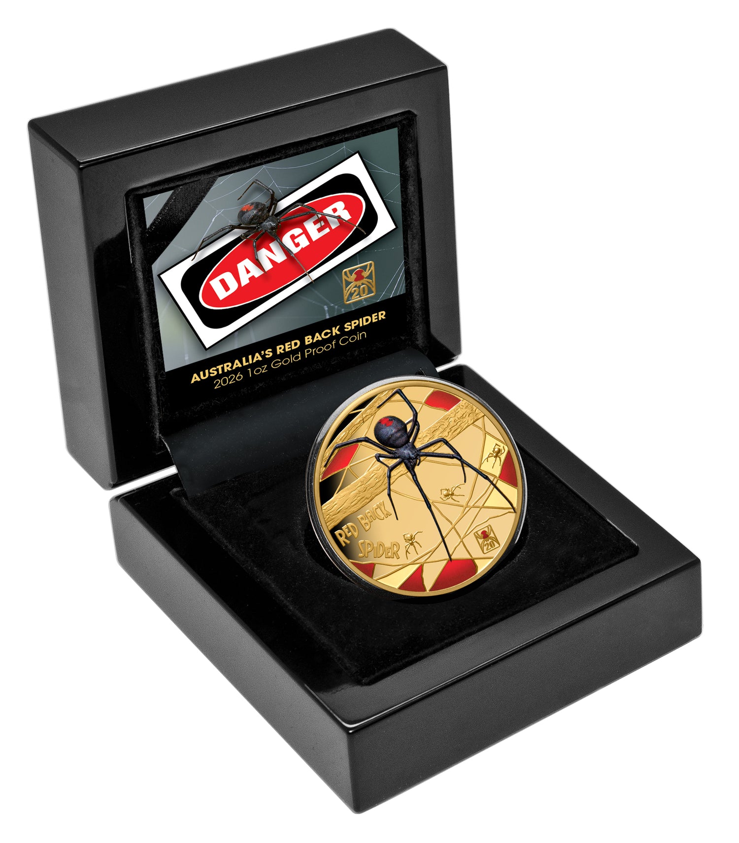 Gold coin with spider design in a black display case