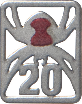 Metallic badge with number 20 and red center, on a white background