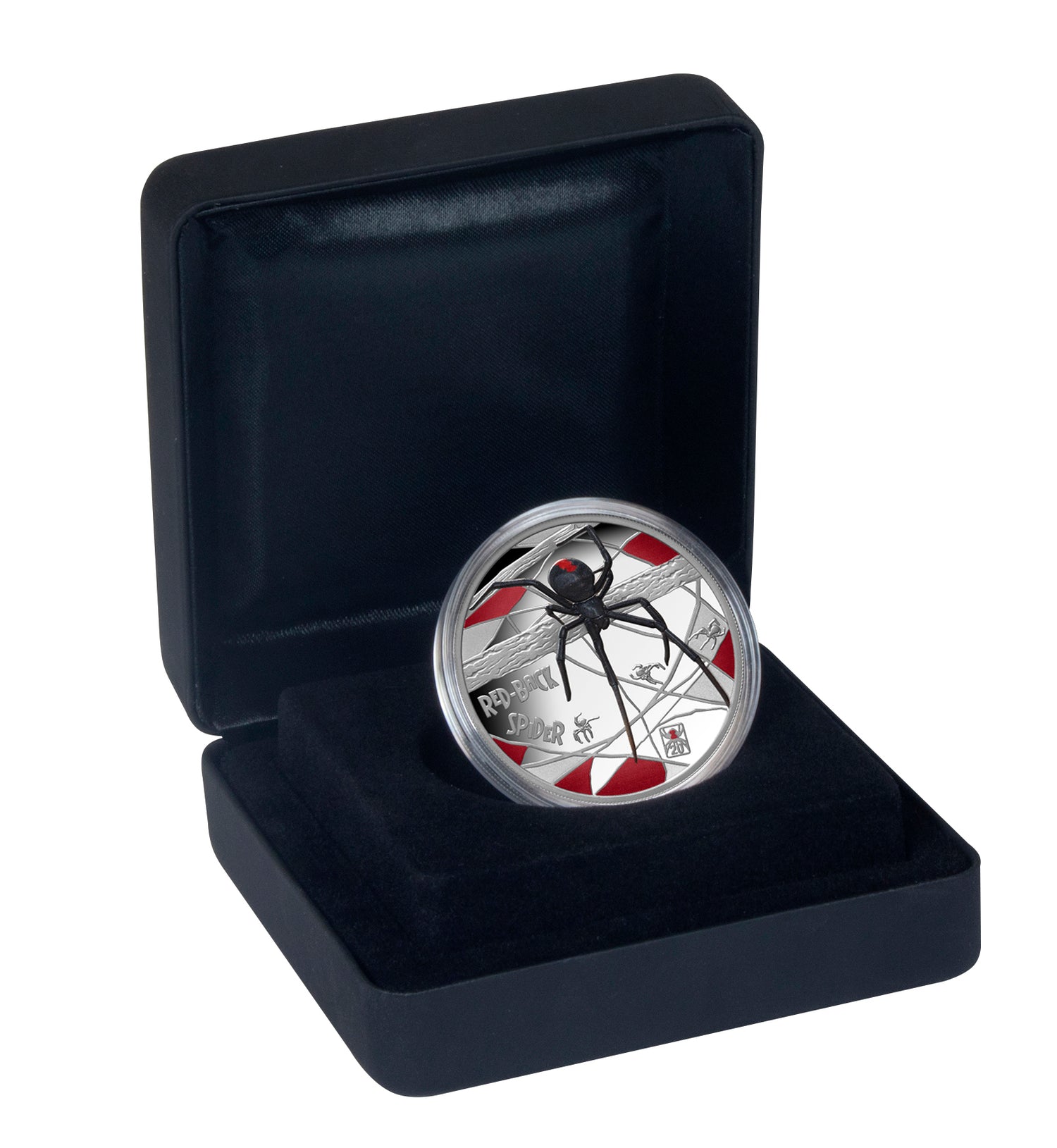 Silver coin with spider design in a black display box