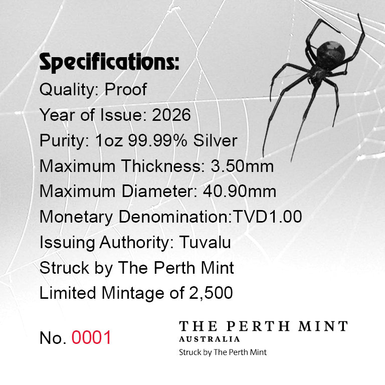 Silver coin specification card with spider design and text about the Perth Mint