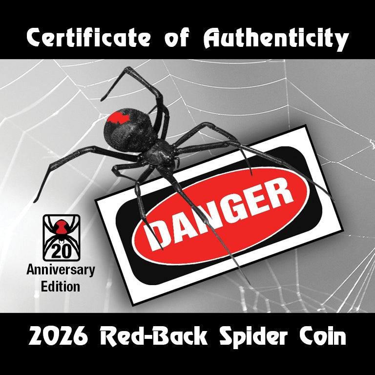 2026 Red-Back Spider coin with 'Danger' sign and spider on a web background