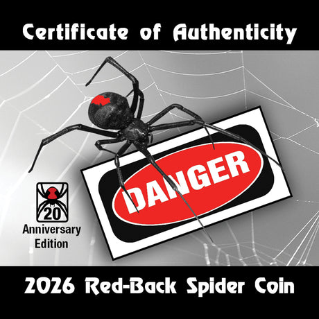 2026 Red-Back Spider coin with 'Danger' sign and spider on a web background