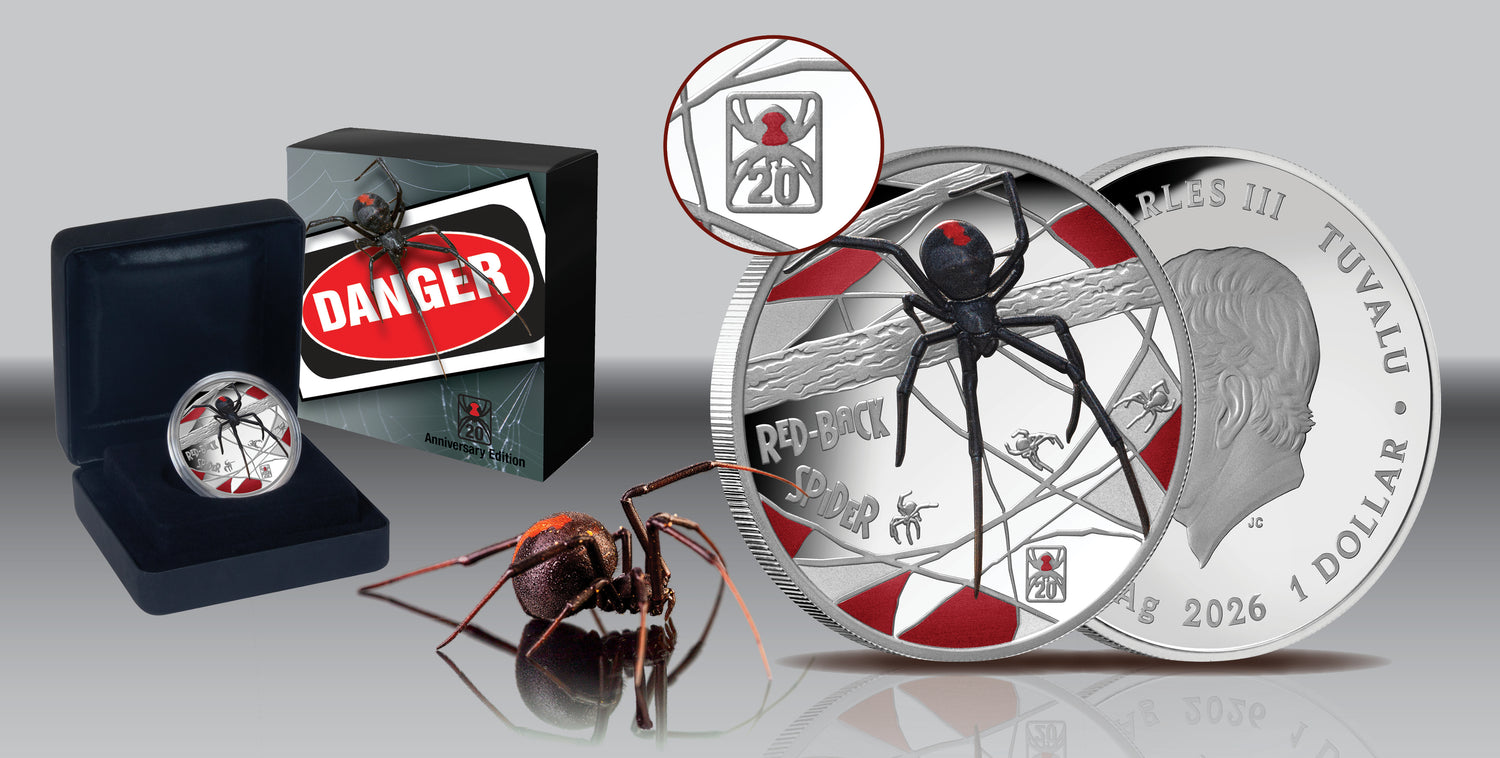 Silver coin featuring a red-back spider design with text and symbols  FORTYMILLION