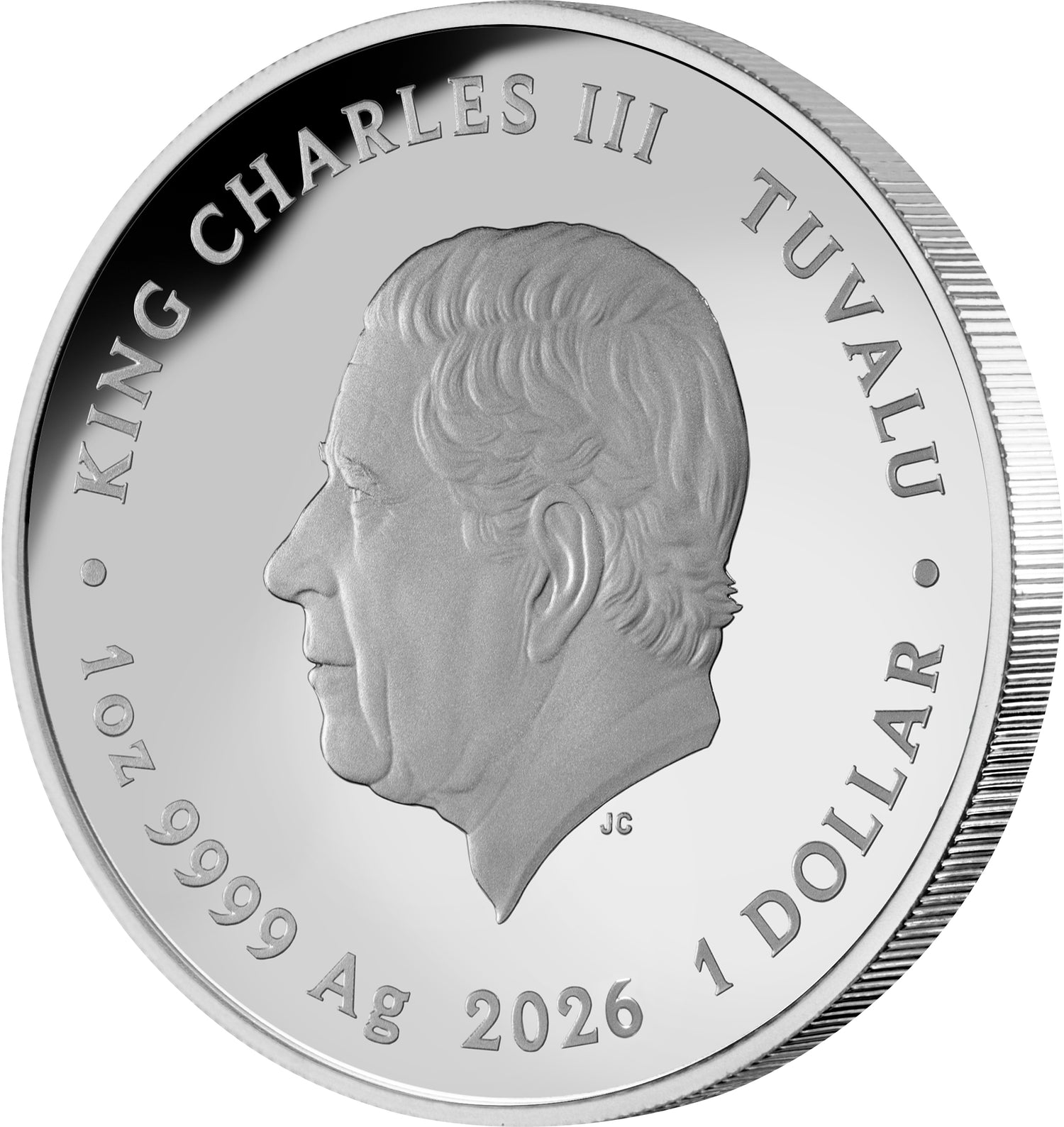 Silver coin featuring King Charles III with text indicating 'Tuvalu' and '1 Dollar 2026'.