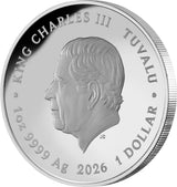 Silver coin featuring King Charles III with text indicating 'Tuvalu' and '1 Dollar 2026'.