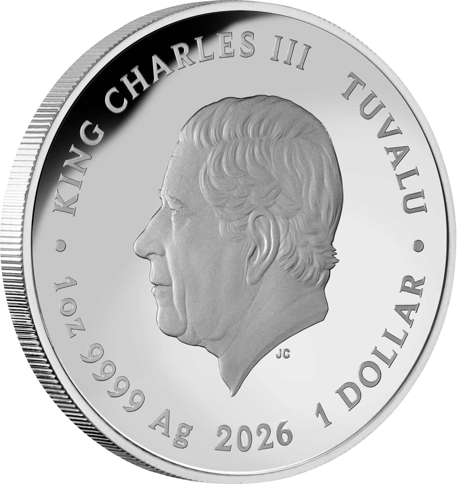 Silver coin with King Charles III's profile and text on a white background