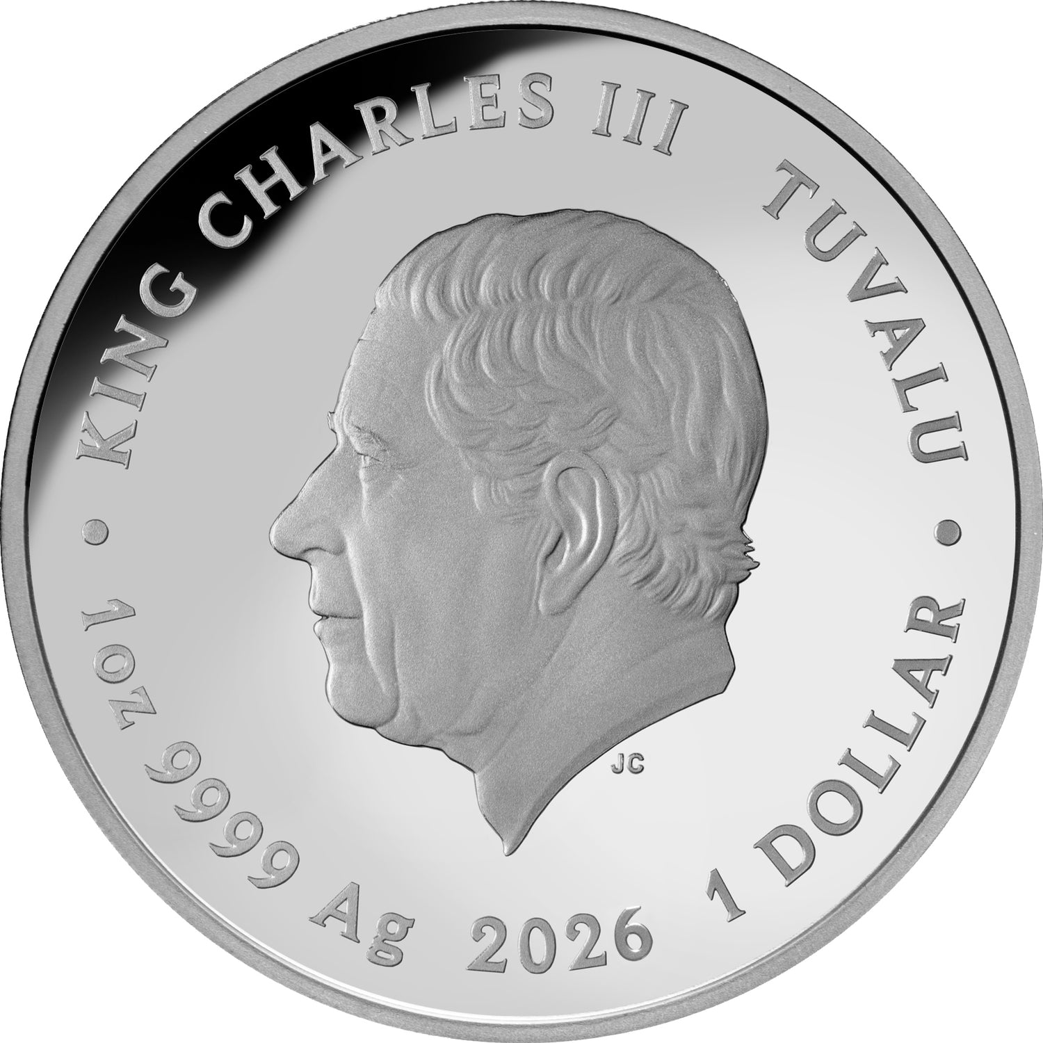 Silver coin with King Charles III's profile and text indicating 'Tuvalu' and '1 oz 9999 Ag 2024 1 Dollar'.