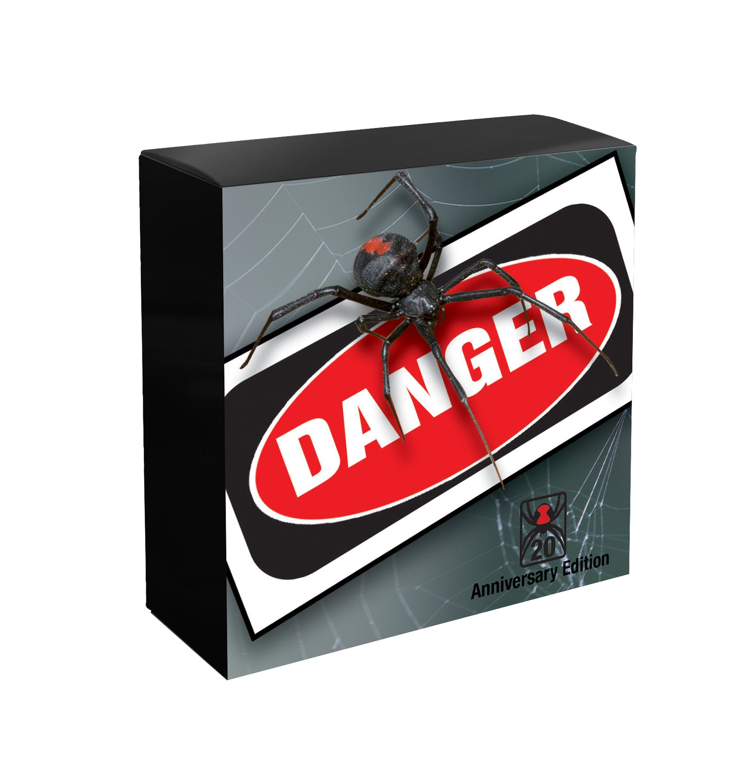 Product packaging with a spider and 'DANGER' label on a white background
