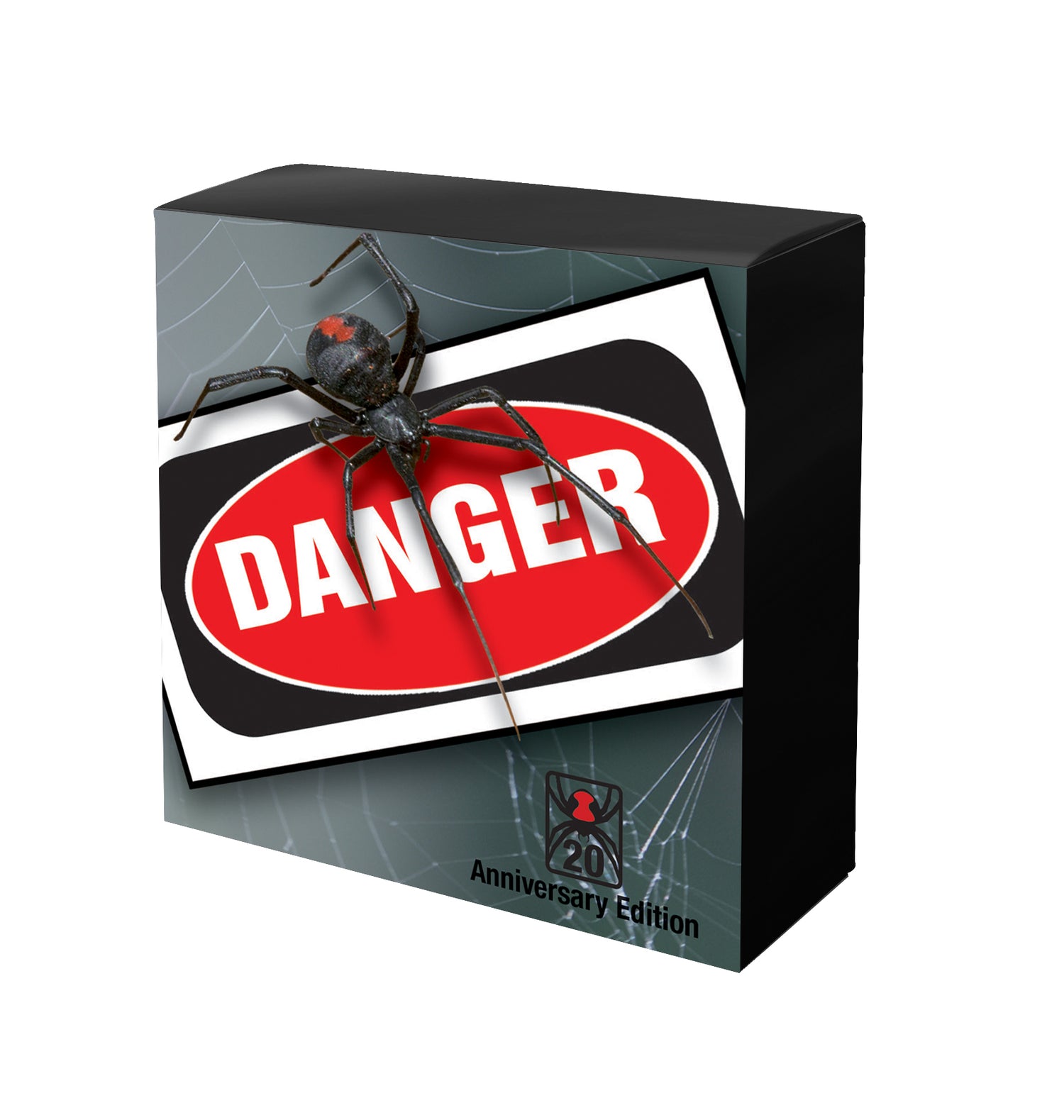 Product packaging with a spider and 'Danger' label on a white background