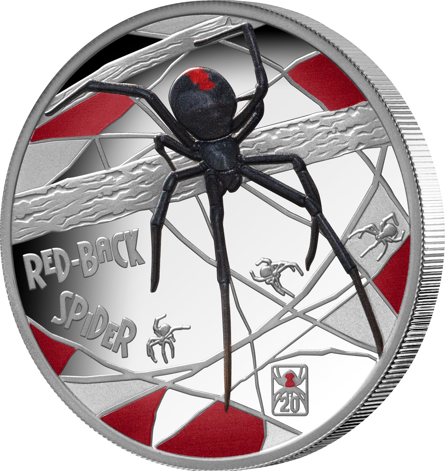 Coin featuring a red-back spider design on a white background