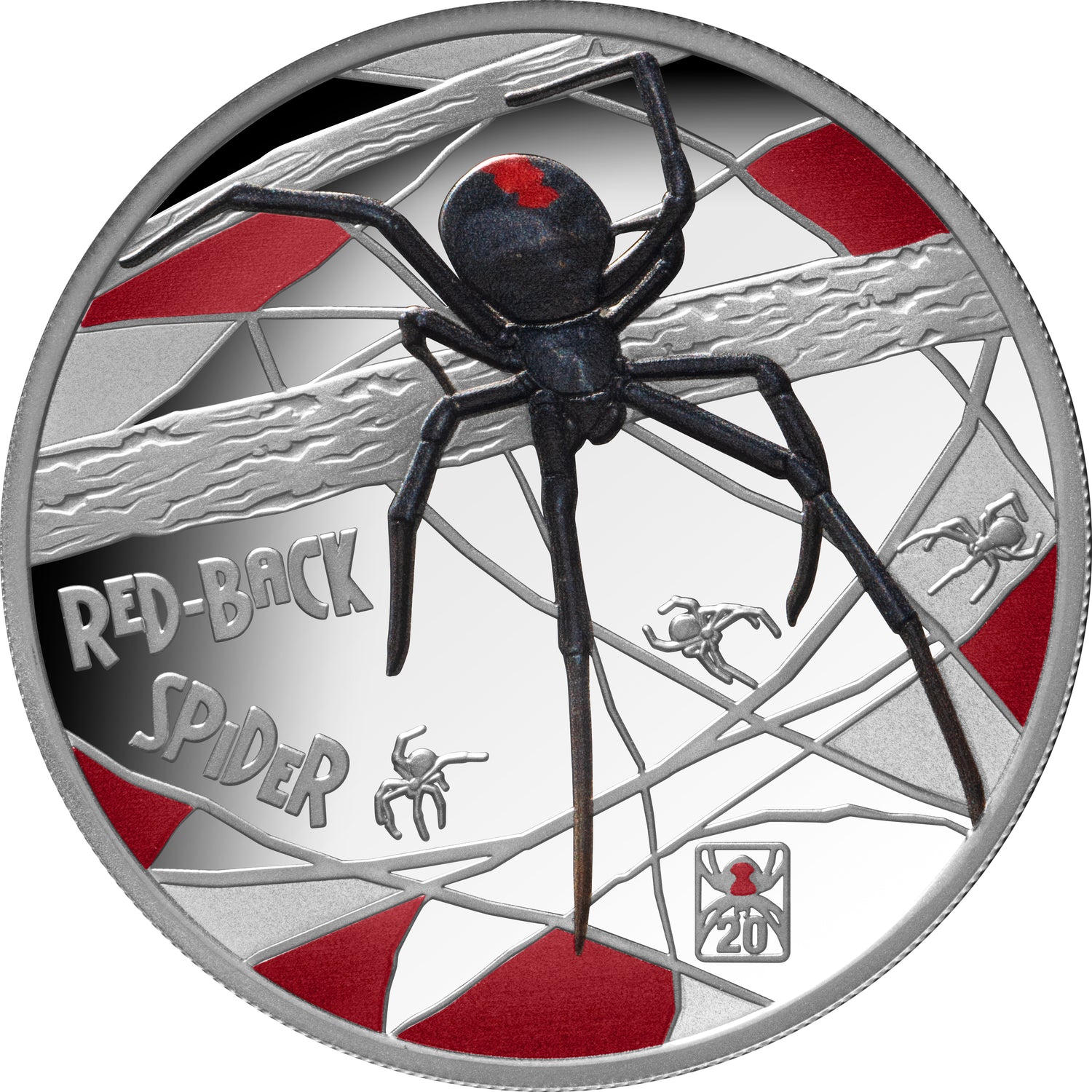 Coin featuring a red-back spider design with silver and red colors.