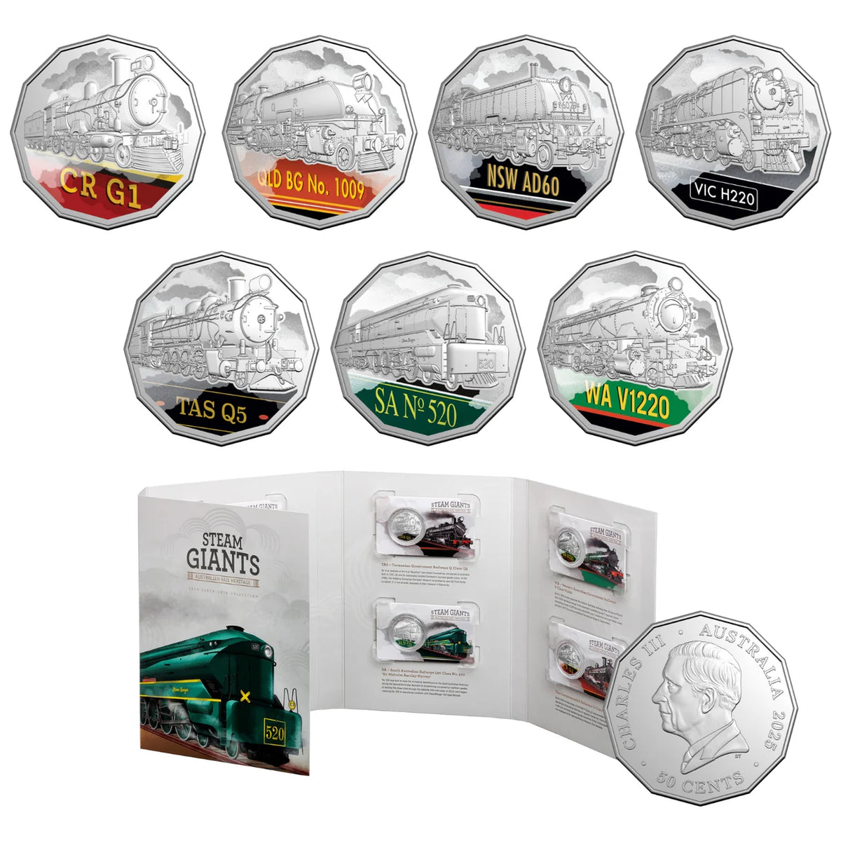 Australia 2025 7 x 50c STEAM GIANTS STEAM TRAINS Coloured Uncirculated Seven-Coin Collection