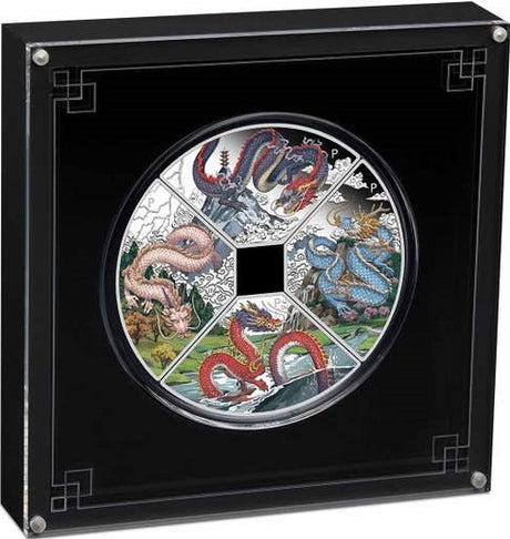 Tuvalu 2024 $1 Year of the Dragon Coloured Quadrant 4 x 1oz Silver Proof Four-Coin Set Perth Mint