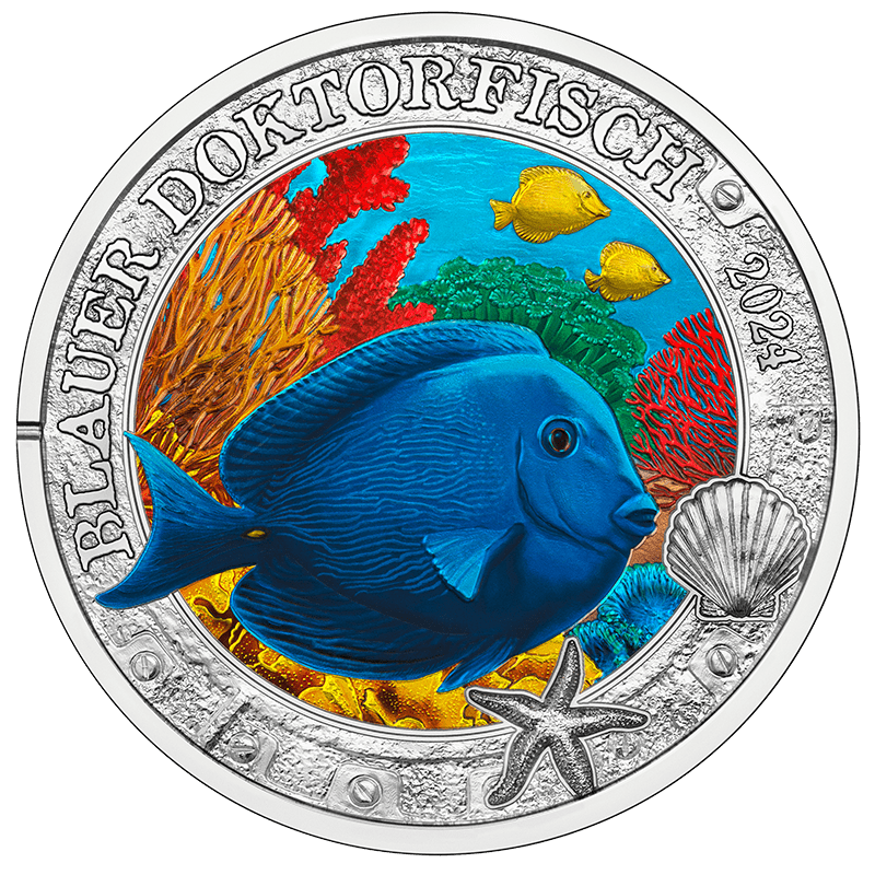 Republic of Austria 2022 3 Euro BLUE DOCTORFISH- Luminous Marine Life Series (Glows under UV Light)