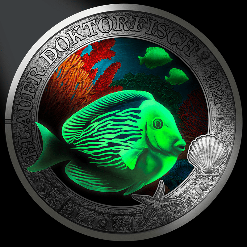 Republic of Austria 2022 3 Euro BLUE DOCTORFISH- Luminous Marine Life Series (Glows under UV Light)