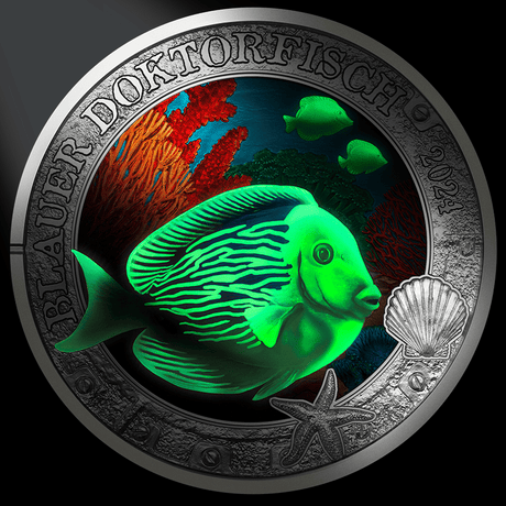 Republic of Austria 2022 3 Euro BLUE DOCTORFISH- Luminous Marine Life Series (Glows under UV Light)