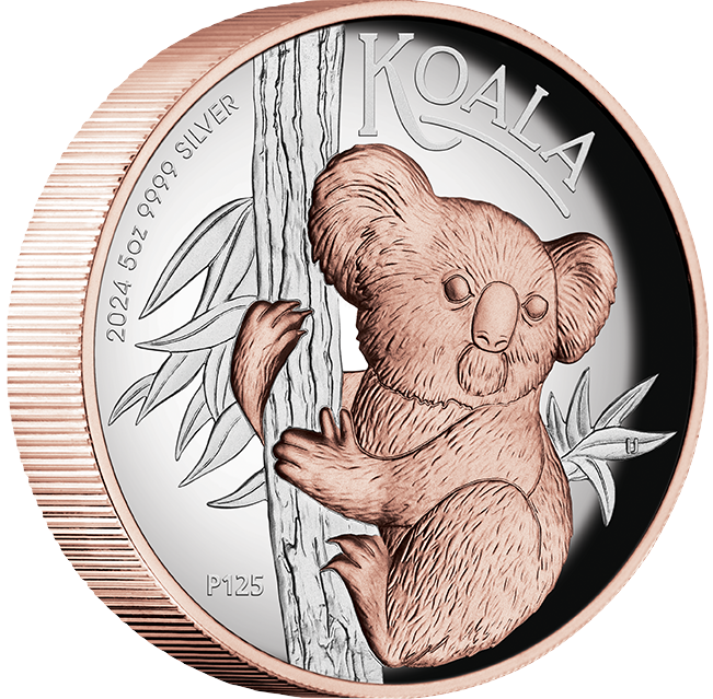 Australia 2024 $8 AUSTRALIAN KOALA 5 Oz .9999 Silver Coin Rose Gold Gilding