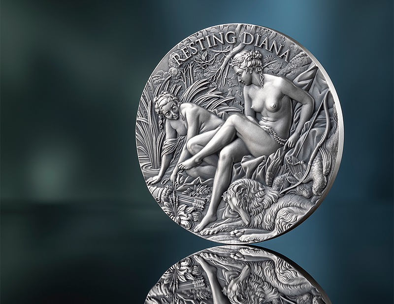 Cameroon 2025 2000F RESTING DIANA Celestial Beauty 2 oz Antiqued Silver Coin
