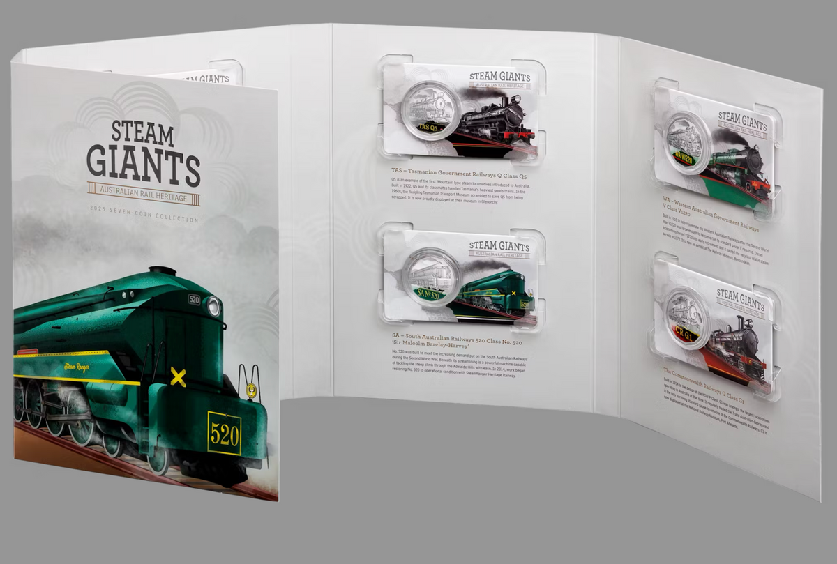 Australia 2025 7 x 50c STEAM GIANTS STEAM TRAINS Coloured Uncirculated Seven-Coin Collection