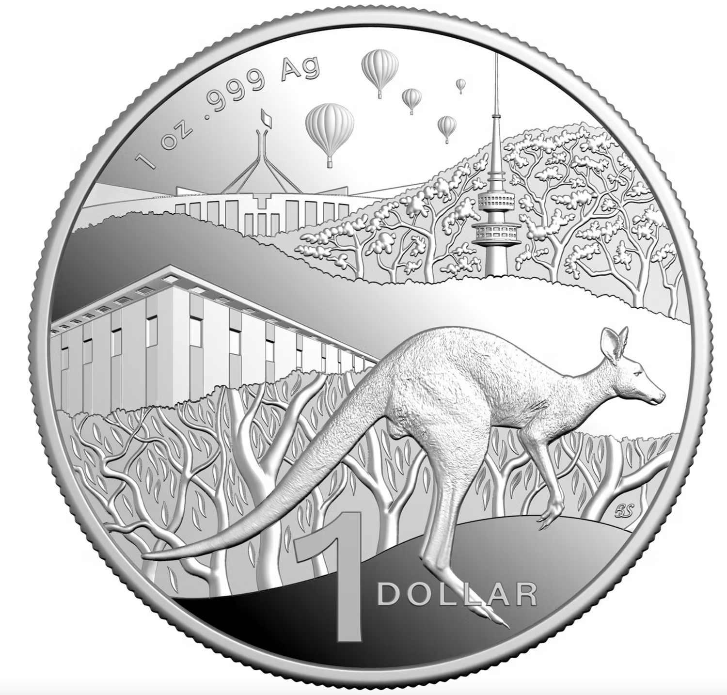 Silver coin featuring a kangaroo and Australian landscape with buildings and hot air balloons.