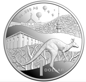 Silver coin featuring a kangaroo and Australian landscape with buildings and hot air balloons.