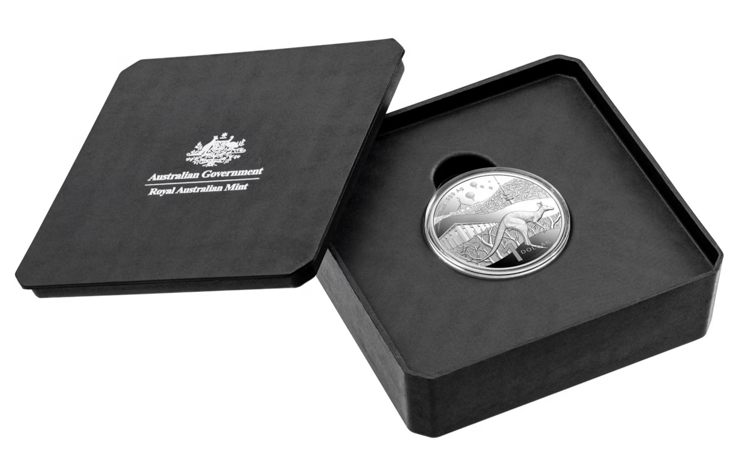 Silver coin in a black case with 'Australian Government' and 'Royal Australian Mint' branding.