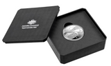 Silver coin in a black case with 'Australian Government' and 'Royal Australian Mint' branding.