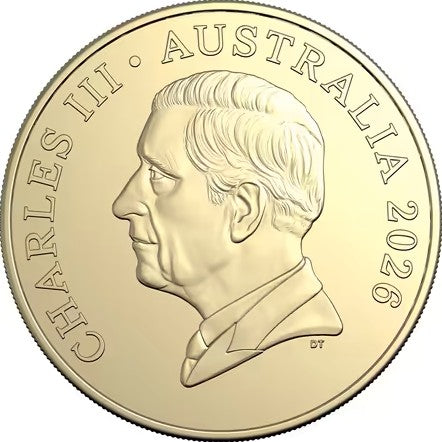Gold coin with a profile of a person and text 'Charles III Australia 2026' on a white background