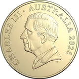 Gold coin with a profile of a person and text 'Charles III Australia 2026' on a white background